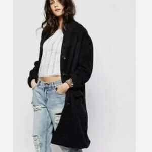 Free People Womens Wool Blend Eyelet Lined Oversized Basic Coat S Deep Navy
